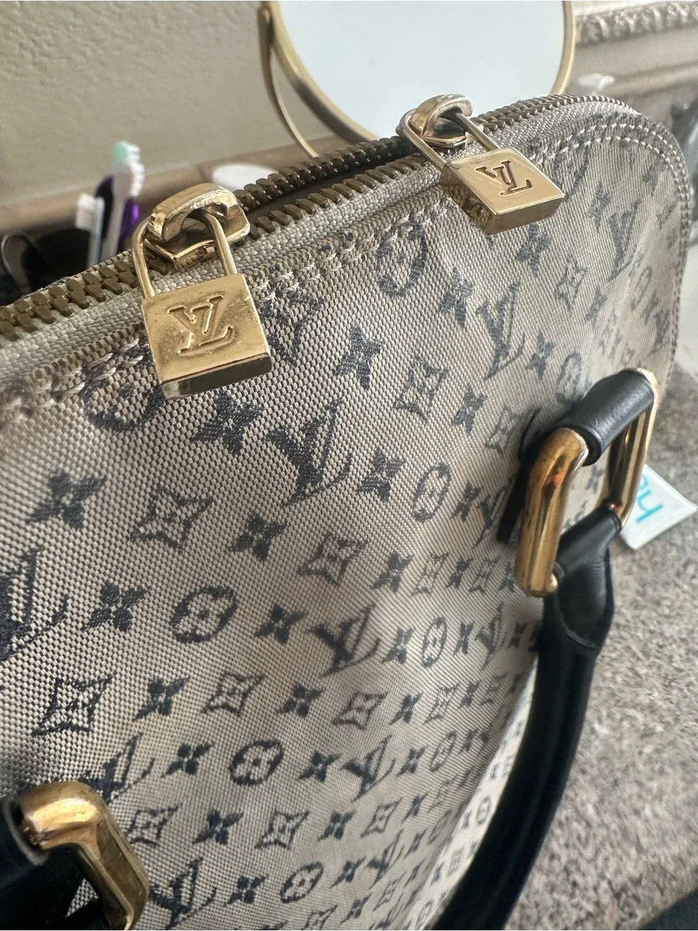 Louis Vuitton Beige Monogram Satchel with Black Trim and Gold Hardware